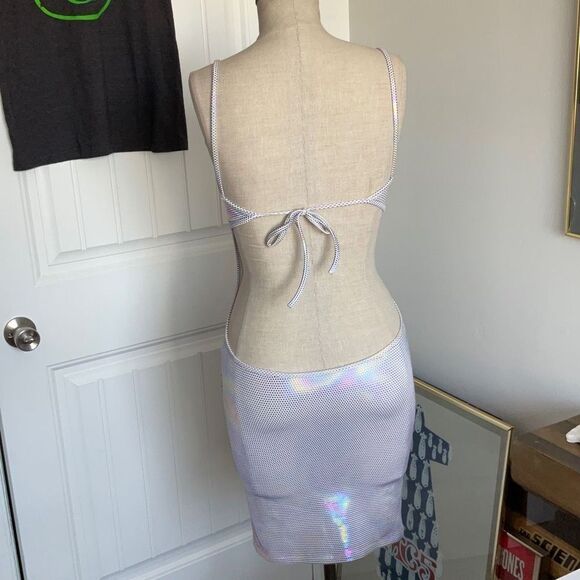 Holographic Mini Dress Tie Back, 80’s L.W. Sin-Sations body con sz s/m form fit - Picture 3 of 16